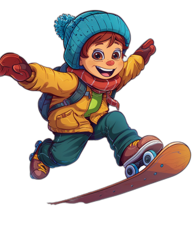 A cartoon-style drawing of an animated boy, wearing winter  and gloves on his hands, with brown hair and a blue hat jumping while riding a snowboard on an isolated black background in the style of flat design. The character is smiling brightly, showcasing the fun aspect of playing sports. He has bright eyes that reflect joy as he basks in cold weather activities. This illustration captures the essence of adventure during ice skating season. Isolated on a white background for removing the background.