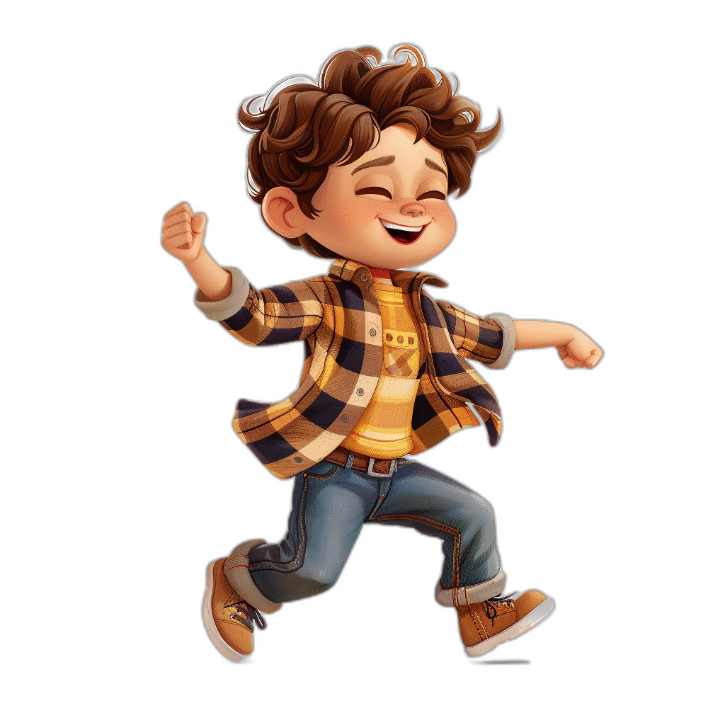 A cute little boy with a happy expression is shown jumping in a casual pose with a Disney style cartoon character design on a black background. He is wearing casual  and shoes. The  has checkered patterns on the sleeves of his shirt. His hair was styled in short curly brown locks in the style of Pixar artist [Atey Ghailan](https://goo.gl/search?artist%20Atey%20Ghailan).