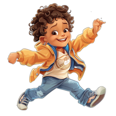 A cute little boy with curly hair and brown skin, wearing jeans and sneakers on his feet, a white shirt under his jacket, smiling while jumping in mid-air against a black background. The character is depicted in full body with vibrant colors and detailed textures to highlight its adorable features in the style of a cartoon.