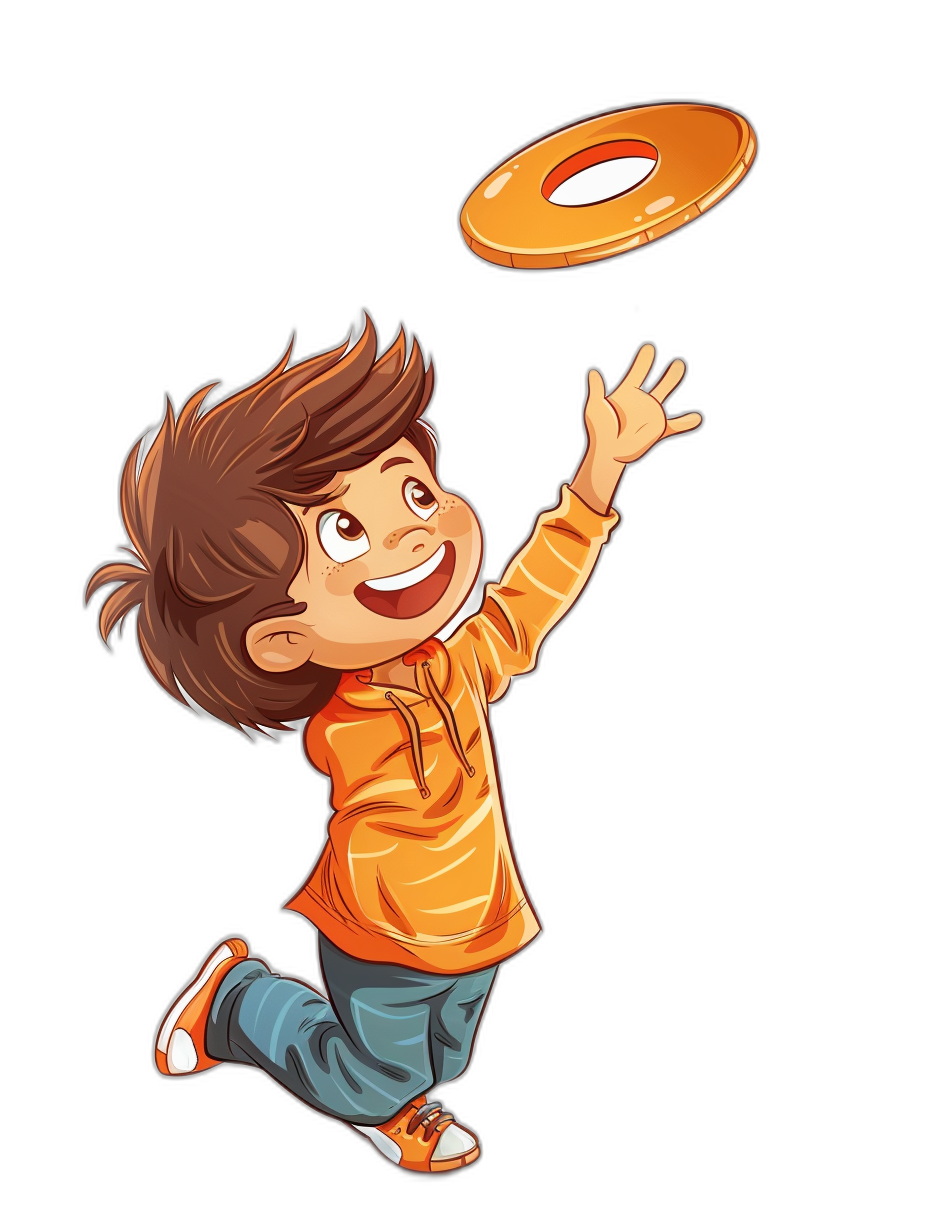 A cute happy cartoon boy with brown hair, wearing an orange shirt and blue jeans is throwing a frisbee in the air on a black background. This vector illustration could be used for a kids book. It is a full body shot of the boy in a flat color, high contrast, high resolution, high detail style. The digital art is in the style of a hyper realistic cartoon.