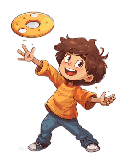 A boy with brown hair, wearing an orange shirt and blue jeans is smiling while throwing up his hand to catch the frisbee flying towards him in the style of a cartoon on a black background.