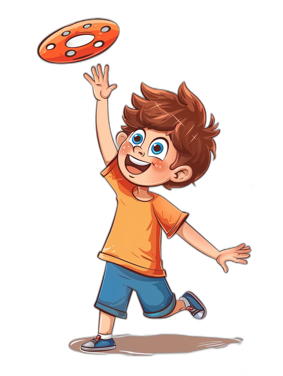 A cartoon boy is playing frisbee, smiling happily, in the style of a vector illustration with a black background and simple lines. He has brown hair and blue eyes wearing an orange T-shirt, dark red sneakers, short legs in shorts, white socks on his feet, holding the frisbee close to his chest while jumping up. The game involves throwing floating circular objects like flat or slightly curved round plates. In the sky, such objects can be used for sports activities. Black solid color background.