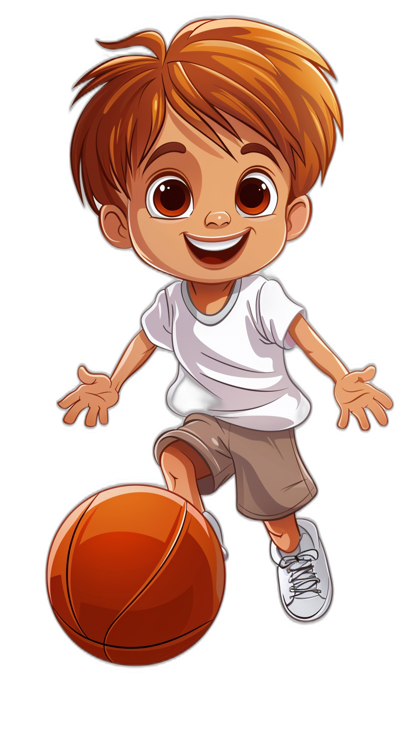 A cute little boy playing basketball, cartoon style with black background and simple design, cartoon character illustration. He has short brown hair, big eyes, wearing white t-shirt, shorts and sneakers, smiling happily while dribbling the ball. The overall atmosphere is cheerful and energetic. It’s suitable for various applications like stickers or casual game graphics., focus on his facial expression to convey joy in basketball play.