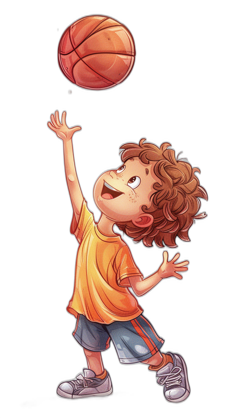 A cute cartoon boy is playing basketball, smiling happily and reaching out to catch the ball in his hand. He has brown curly hair, wearing an orange T-shirt with blue shorts underneath. Black background, full body portrait, high definition, high resolution, and high detail.