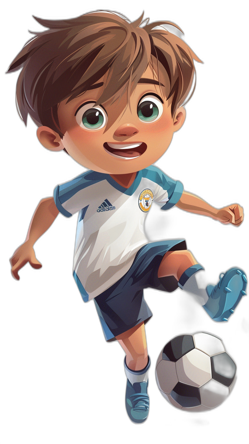 cute cartoon boy playing soccer, wearing a white and blue jersey with the Real Madrid logo on it, brown hair, big eyes, smiling face, black background, in the style of Pixar, playing with a ball in the air, high quality