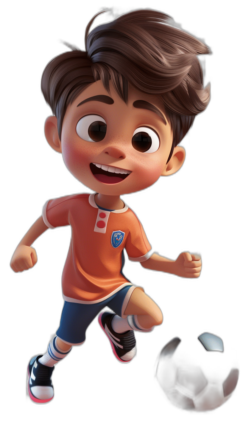 3D Disney Pixar character, young boy with brown hair wearing an orange football shirt playing soccer on a black background, in the style of Disney cartoon, cute big eyes