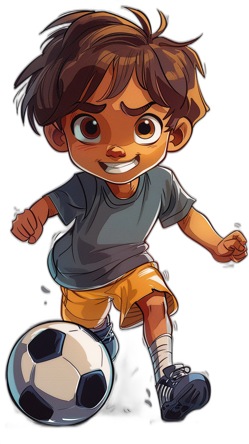 A little boy playing soccer, wearing shorts and a gray t-shirt, with brown hair against a black background, in the chibi style of cartoon drawing, with a cute character design showing his full body, in a high quality, 2D art style with high resolution and high detail, and high contrast lighting for the best quality render using the best resolution and colors.