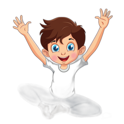 A cartoon boy with brown hair and blue eyes is sitting on the floor, his hands raised in joy. He has bright white teeth and wears a black t-shirt. The background of the scene is completely dark. The cartoon style uses low saturation colors. Vector illustration for children's book. Isolated over a pure black background, with high detail, in the style of hyperrealism.