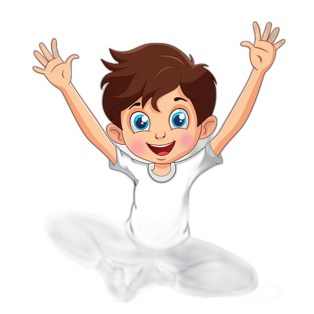 A cartoon boy with brown hair and blue eyes is sitting on the floor, his hands raised in joy. He has bright white teeth and wears a black t-shirt. The background of the scene is completely dark. The cartoon style uses low saturation colors. Vector illustration for children’s book. Isolated over a pure black background, with high detail, in the style of hyperrealism.