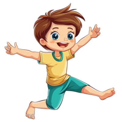 cartoon happy boy jumping in the air, in the style of clip art on black background