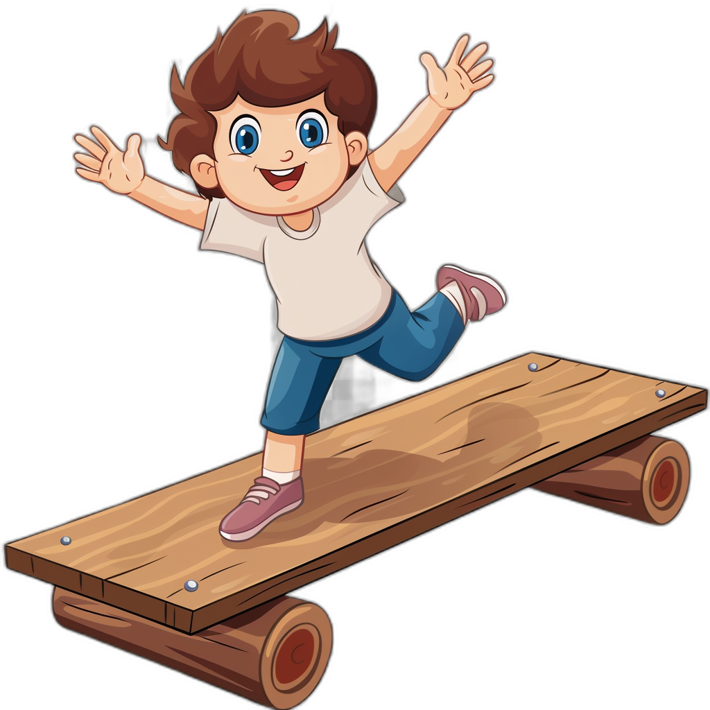 a cartoon boy jumping on the balance beam, clip art for kids with wooden planks and black background