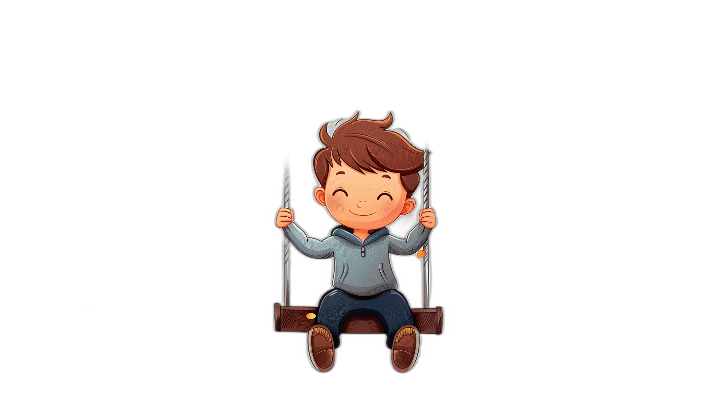 A cute cartoon boy sitting on the swing, smiling happily. The art has a simple style with solid black background, simple lines and shapes in the style of chibi character design. It is high resolution 2D art with high quality.