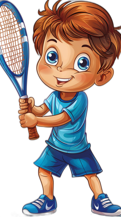 cartoon style, vector design of a boy playing tennis, with a blue shirt and shorts, brown hair with white highlights, holding a racket over his head, big eyes, black background, cartoon art, children's book illustration, full body shot in the style of cartoon art.