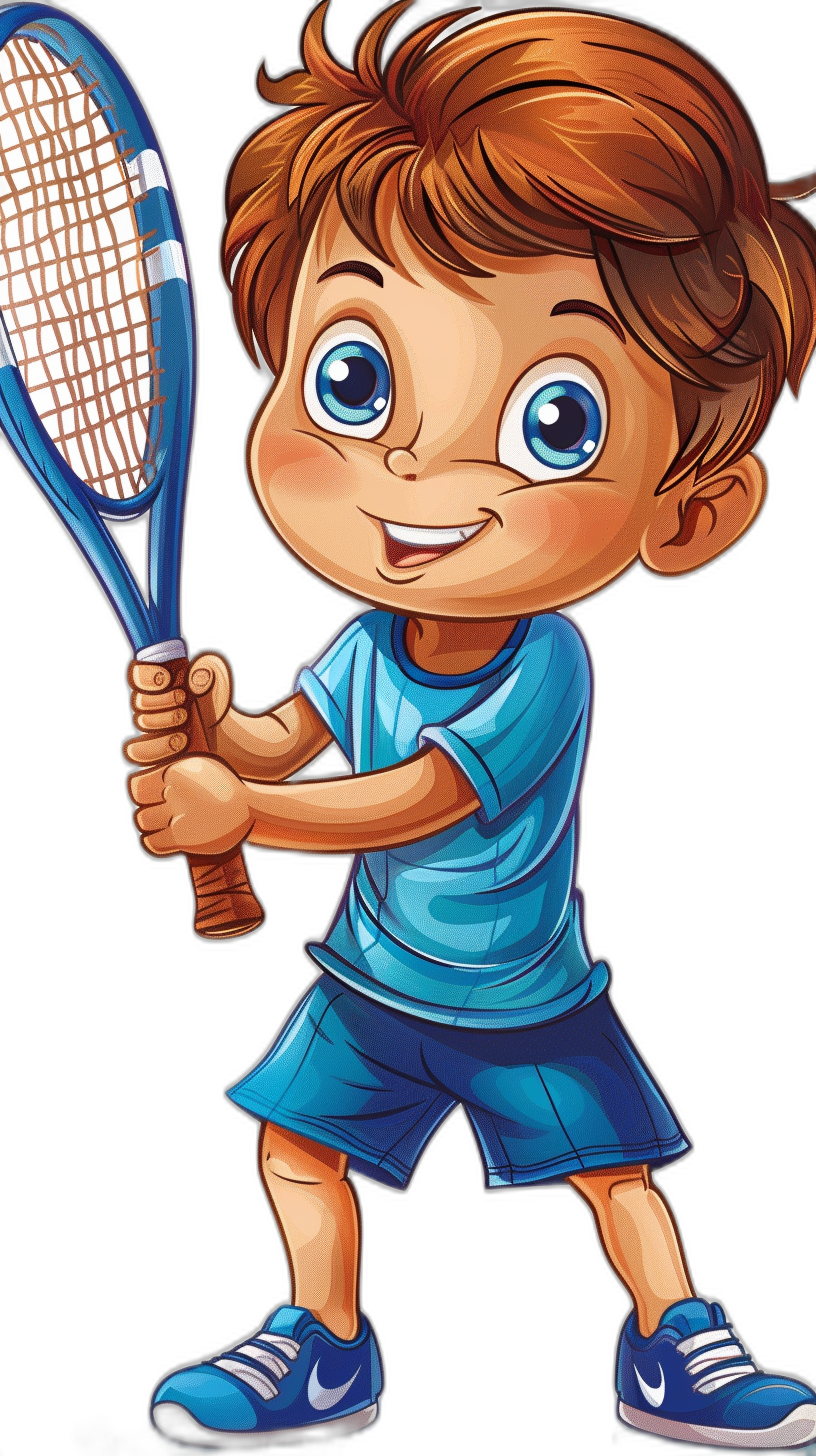 cartoon style, vector design of a boy playing tennis, with a blue shirt and shorts, brown hair with white highlights, holding a racket over his head, big eyes, black background, cartoon art, children’s book illustration, full body shot in the style of cartoon art.