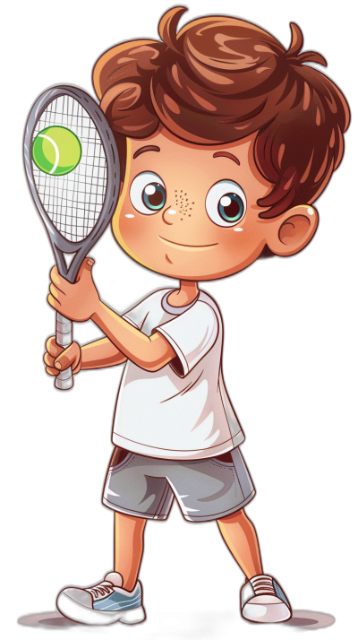 A cute happy young boy with brown hair playing tennis, in the style of a clip art style cartoon illustration on a black background.