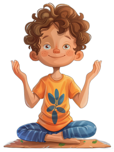 A cute cartoon boy doing yoga, wearing an orange t-shirt with a blue plant pattern and jeans on his legs, curly hair, big eyes, smiling face, hands raised in front of him to form the lotus position posture, simple background, black color scheme, full body portrait, 2D flat style, high quality, high resolution, solid colors, bright colors, in the style of a children's illustration.