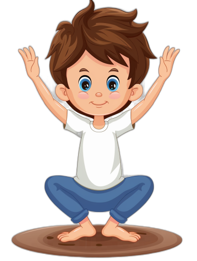 A cute cartoon boy doing yoga, with brown hair and blue eyes wearing white t-shirt and dark jeans sitting on the ground in front of black background vector Illustration on Black Background