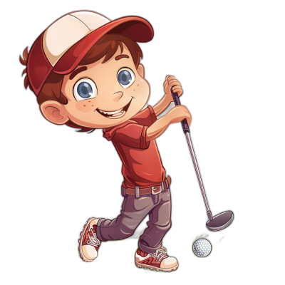 A cute cartoon boy playing golf, wearing a red shirt and cap, in the clip art style with a black background.