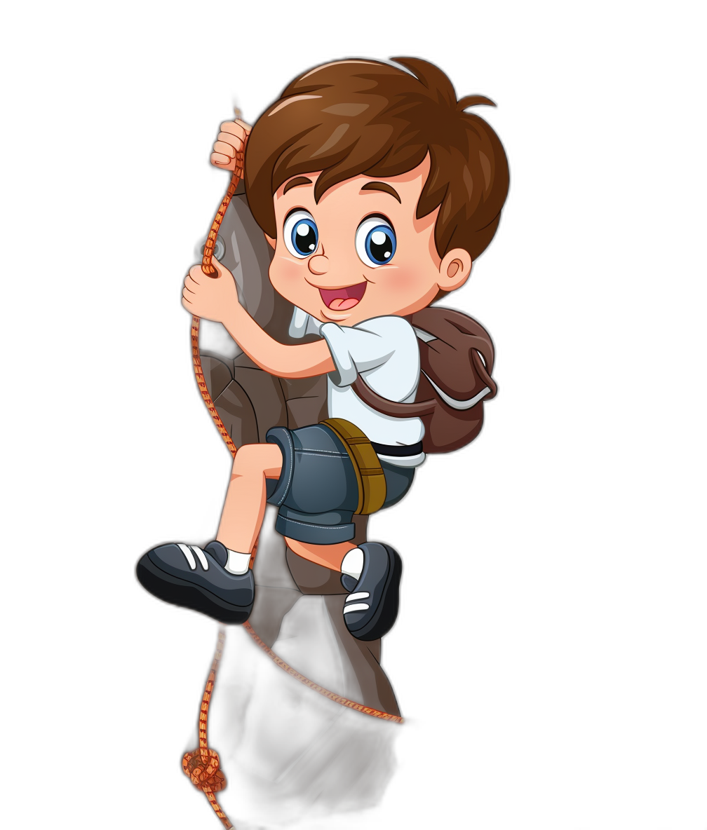 boy climbing rope, white shirt and blue shorts with brown backpack, vector cartoon illustration on black background, side view