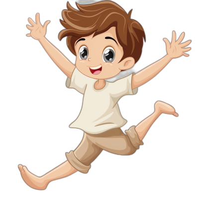 A cute cartoon boy is jumping up, with brown hair and white t-shirt，black background，vector illustration style，white outline