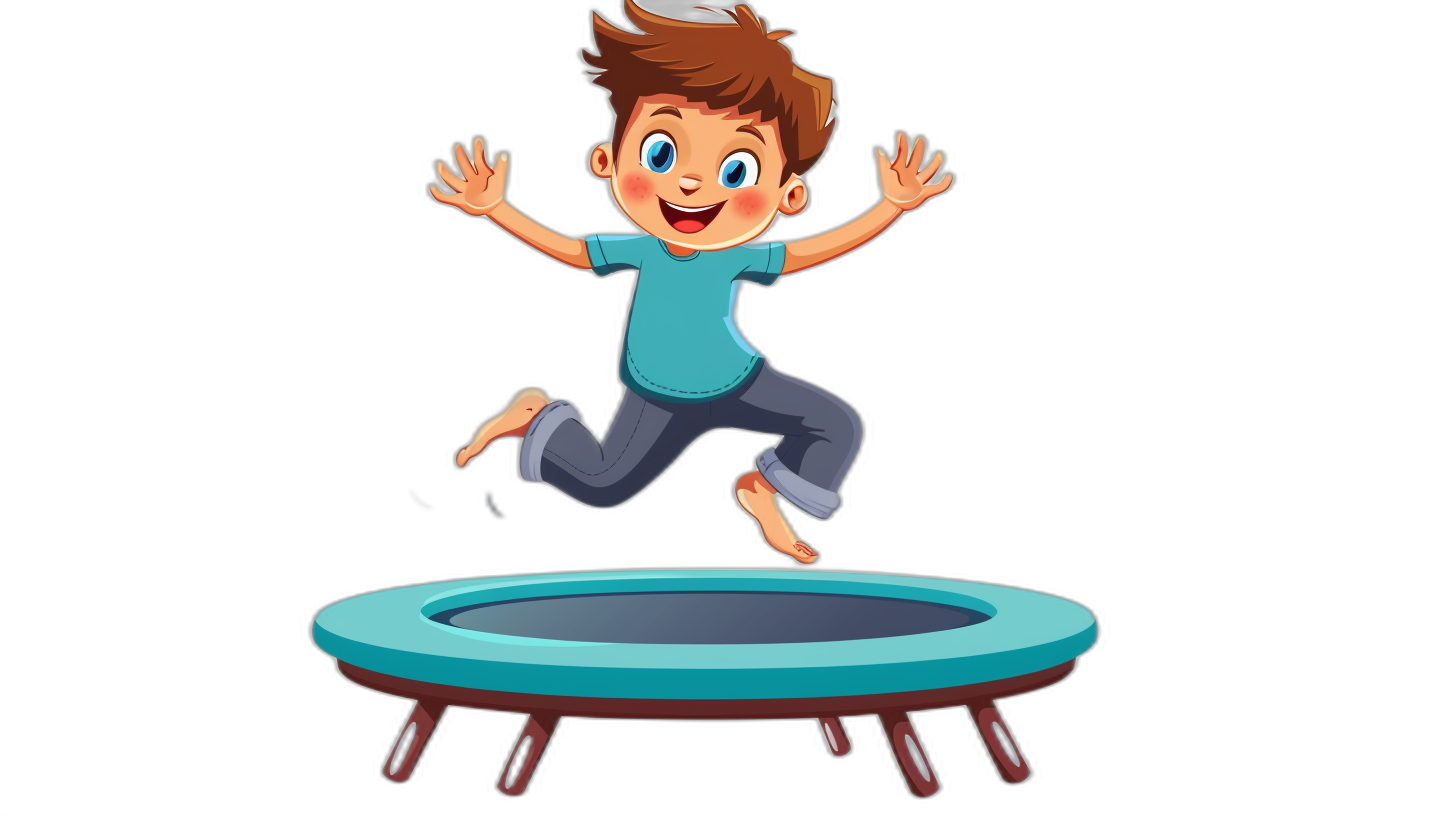 cartoon boy jumping on a trampoline, vector illustration, simple design, solid black background, cute cartoon character, 2D game art style, colorful animation stills, captivating documentary photos, advertising photography, cute and dreamy, blue and green tones, cartoon-like characters, simple colors, solid color blocks, high resolution