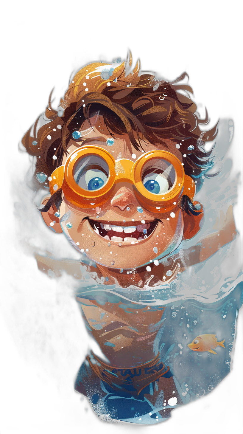 5 year old boy with short brown hair and blue eyes wearing orange swim goggles, smiling big while swimming underwater in the style of detailed character illustrations. Strong facial expression on black background. Watercolor illustration in the style of cartoonish children’s book art. Cute character design with a happy mood and vibrant colors. High resolution digital painting in a fantasy art style like whimsical children’s book illustrations.