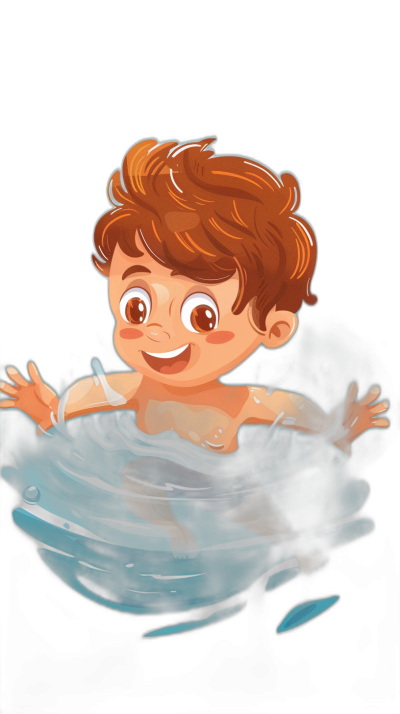 A cute little boy with brown hair smiling and floating in the water, vector illustration for children's book in the style of [Alexander Jansson](https://goo.gl/search?artist%20Alexander%20Jansson), solid black background