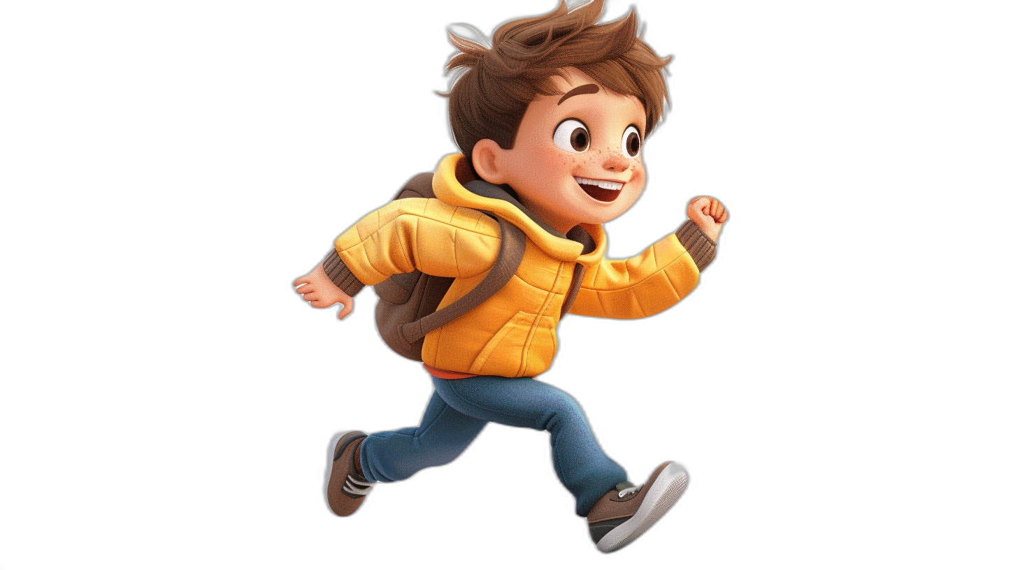 A boy in a yellow jacket and blue jeans is running and smiling with brown hair in the style of Pixar on a black background.