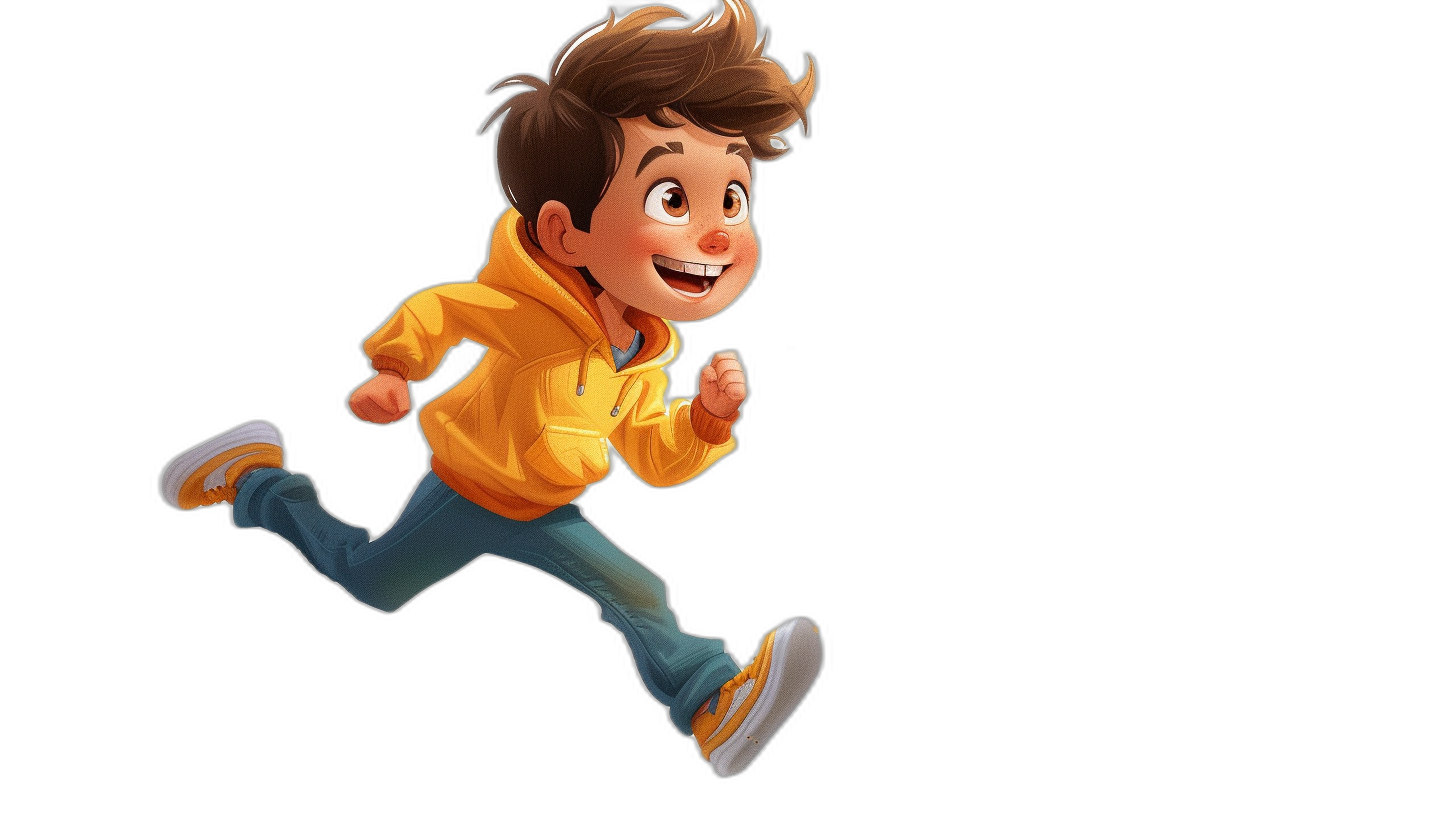 Illustration of a cartoon boy running on a black background, smiling and wearing a yellow jacket with blue jeans, with brown hair in the style of Pixar animation, colorful.