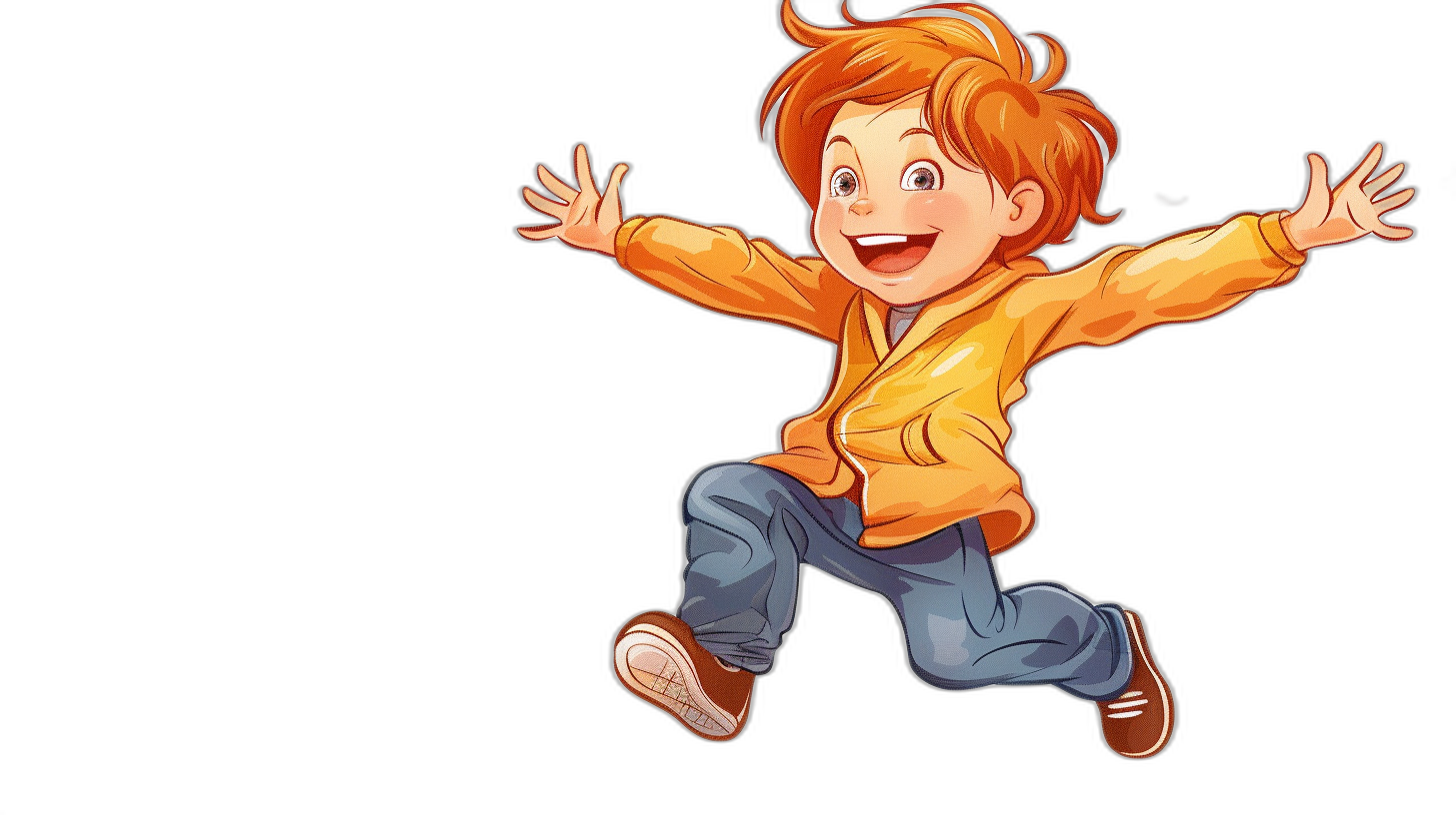 A cute cartoon illustration of a ginger-haired boy wearing jeans and an orange jacket jumping for joy against a black background in the vector art style with smooth lines, highly detailed digital painting, natural lighting, high resolution, flat color shading, high contrast, high dynamic range, high detail, and high quality.