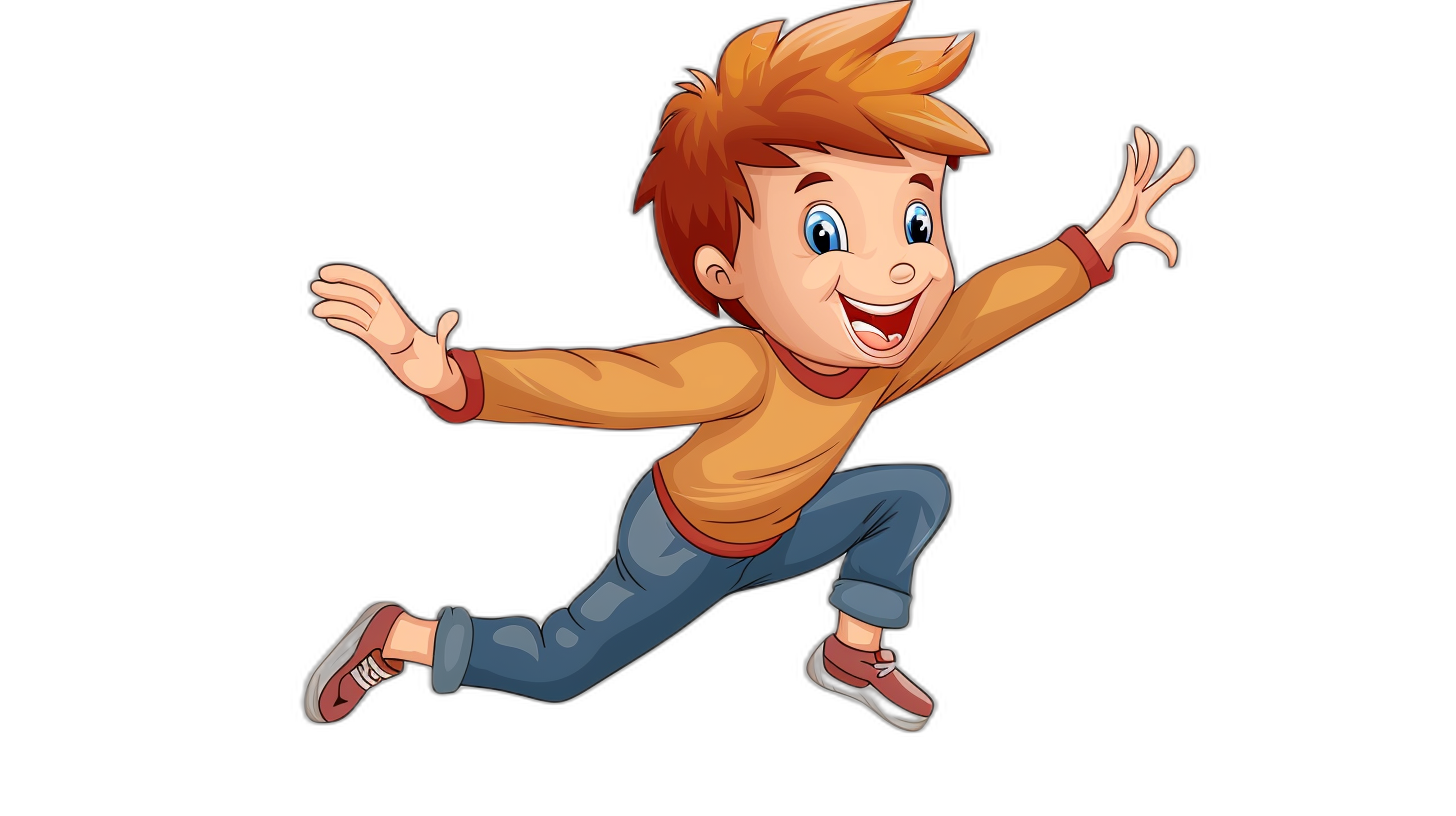 A cartoon boy is running and jumping, with simple facial expressions, in a flat illustration style with a black background. The character has short ginger brown hair, wearing blue jeans, red shoes on his feet, smiling happily, and reaching out to touch something. He wears an orange long-sleeved shirt with dark purple sleeves underneath. It is very cute. The cartoon style is adorable.