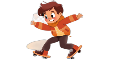 A cartoon boy skating on ice, with a simple flat design illustration against a black background, featuring a cute and funny character design, wearing an orange jacket, brown pants, and brown shoes in the style of a cartoon character design, in a 2D animation style with simple lines at a high resolution.