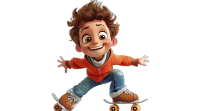 A boy with brown hair and blue eyes is riding roller skates in the style of Pixar. He is a happy faced cartoon character against a black background. The full body shot is a 3D rendering in bright colors and high resolution. The style is like Disney Pixar animation, full of details. He wears white shoes, orange jacket and jeans.