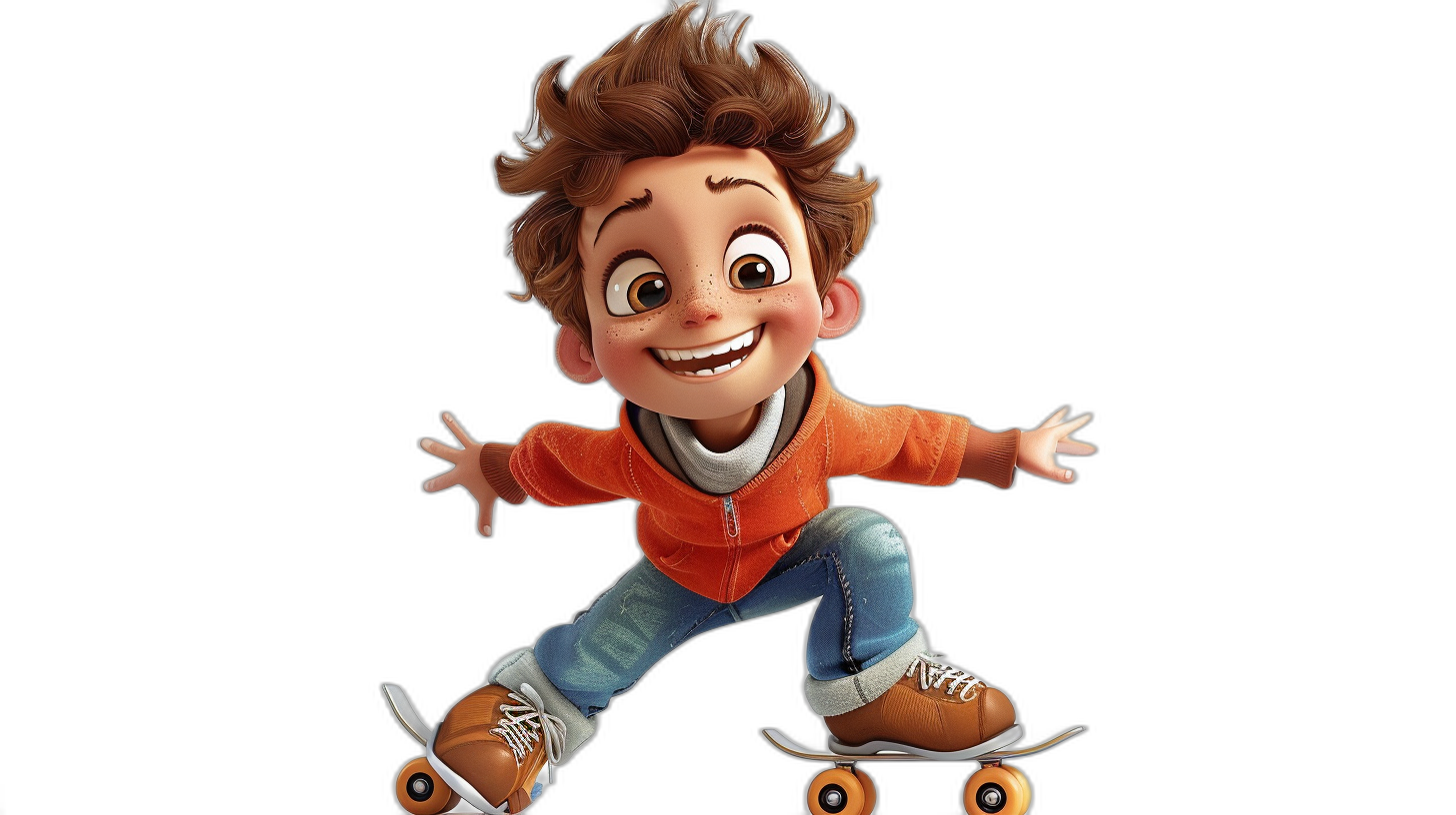 A boy with brown hair and blue eyes is riding roller skates in the style of Pixar. He is a happy faced cartoon character against a black background. The full body shot is a 3D rendering in bright colors and high resolution. The style is like Disney Pixar animation, full of details. He wears white shoes, orange jacket and jeans.