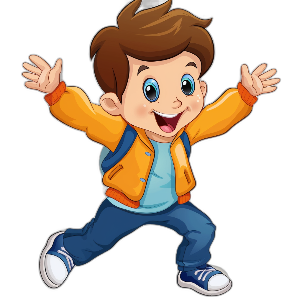 cartoon illustration of happy boy with brown hair, blue eyes and orange jacket jumping on black background