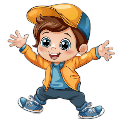 A cute cartoon boy in a yellow jacket, blue t-shirt and cap is dancing on a black background in a vector illustration with big eyes, a smiling face and hands in an up pose, wearing sneakers. The vector illustration is for design elements and is isolated on a pastel background.