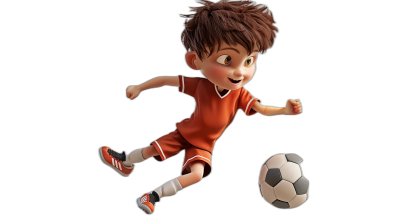 Little boy playing football in the style of Pixar, cartoon character resembling Pixar's style, brown hair and orange shirt, black background, white ball in the air, full body shot, 3D rendering, Disney animation resembling Pixar's style, cute cartoon design resembling Pixar's style, high resolution, high quality, high detail, octane render, 4k