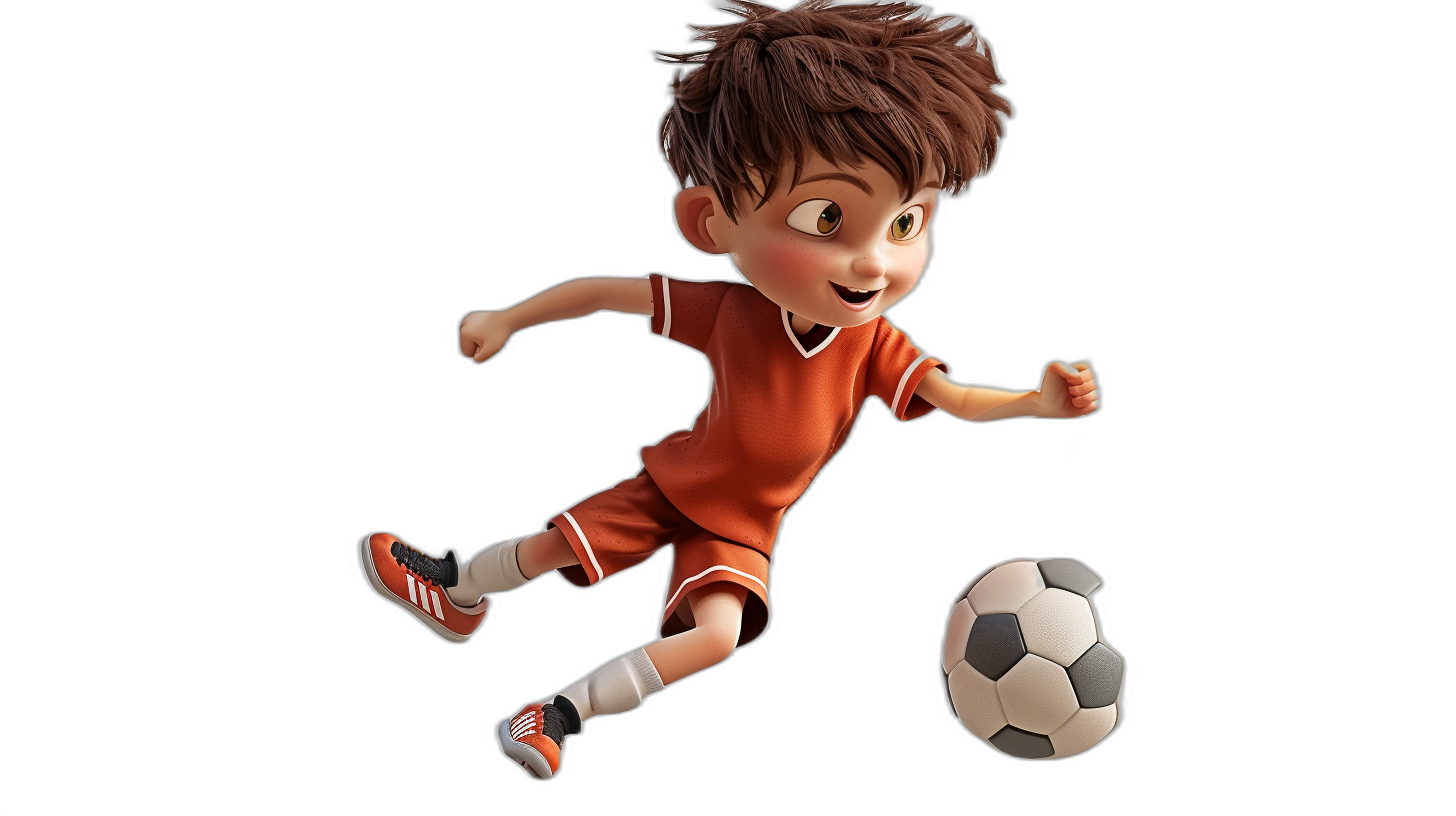 Little boy playing football in the style of Pixar, cartoon character resembling Pixar’s style, brown hair and orange shirt, black background, white ball in the air, full body shot, 3D rendering, Disney animation resembling Pixar’s style, cute cartoon design resembling Pixar’s style, high resolution, high quality, high detail, octane render, 4k