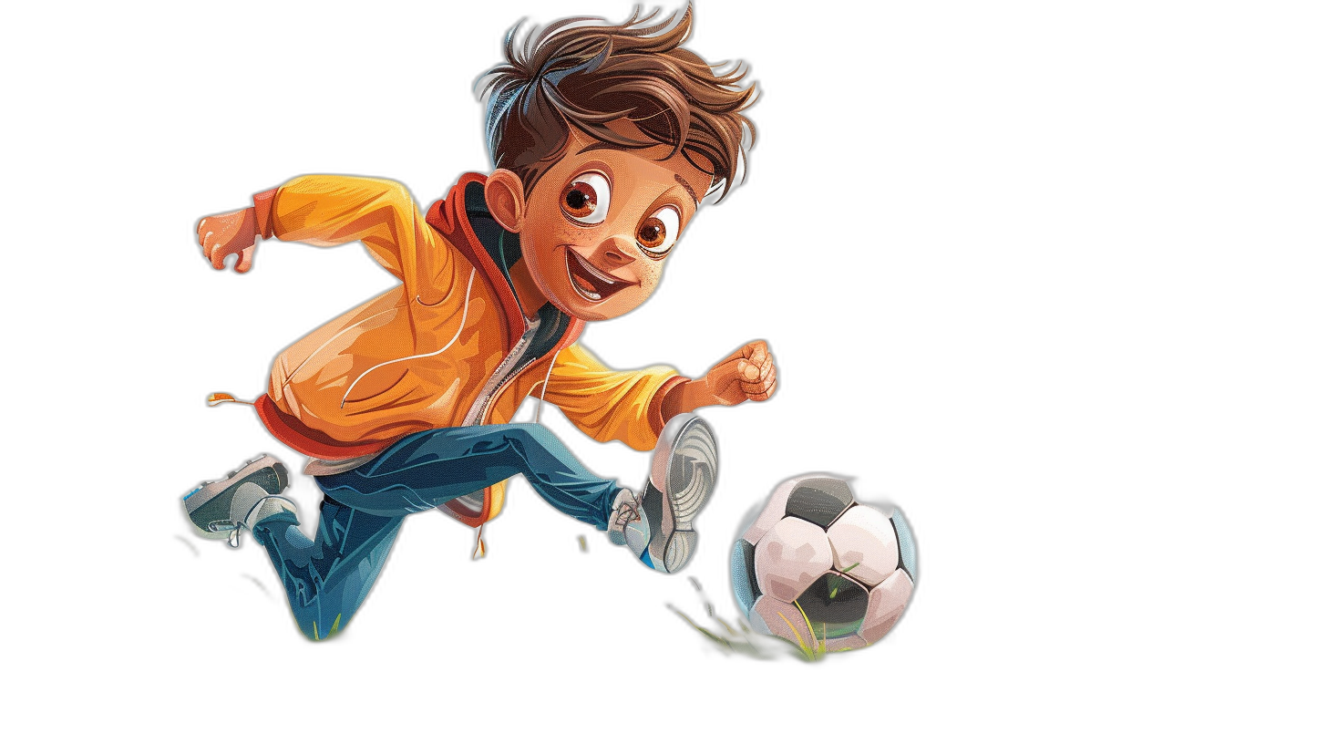 A cartoon character boy playing soccer, running with the ball in his hand on a black background, in the vector illustration style. He is wearing an orange jacket and blue jeans, with brown hair tied back into short straight locks. The boy has big eyes that sparkle when he laughs, giving him an adorable appearance. A white football hangs next to him. Cartoon character design, in the Pixar style. Isolated black background. Vector Illustration, Detailed Character Design, High resolution.