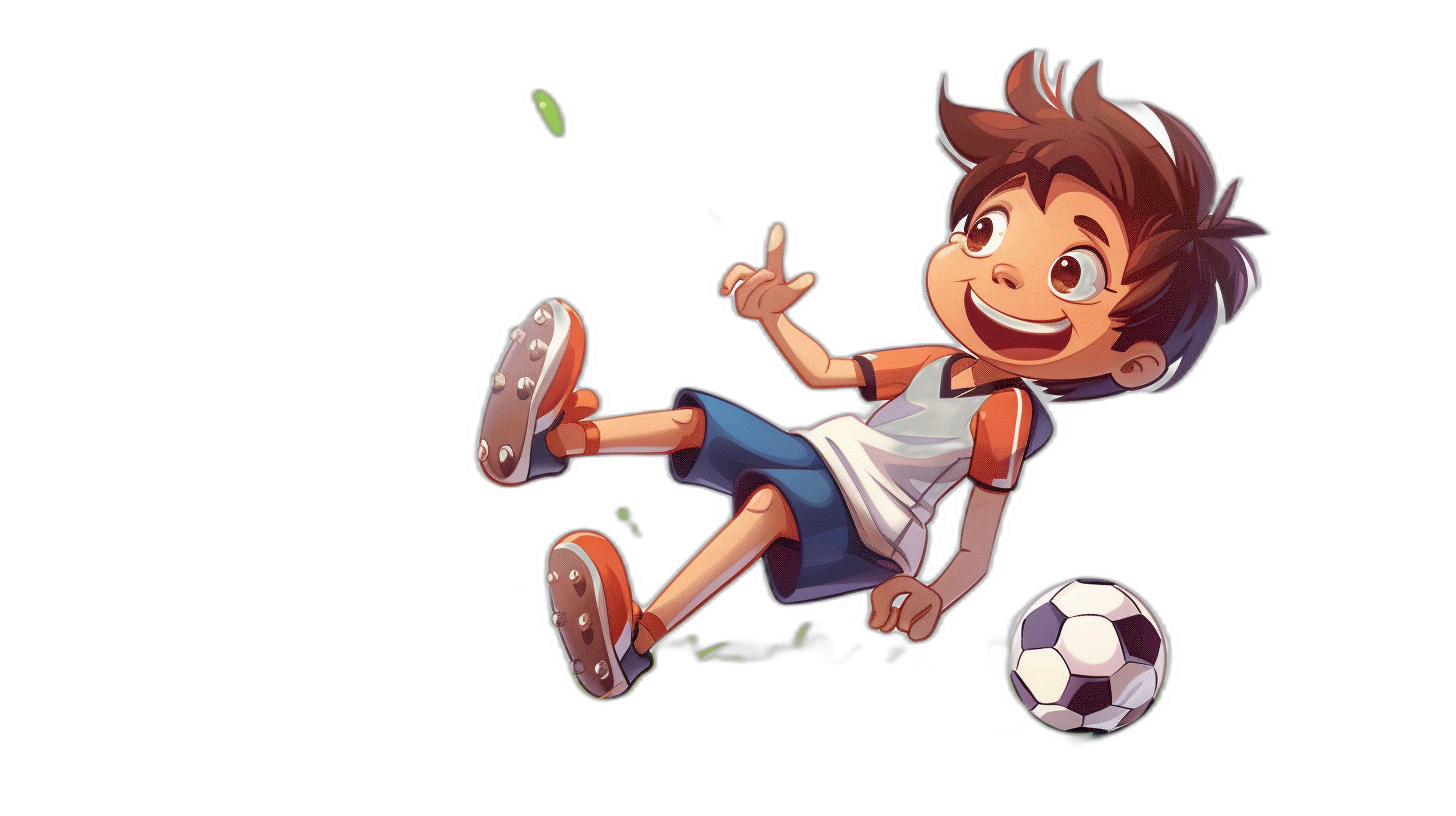 a cartoon character of boy playing soccer, full body, black background, concept art by Pixar and Disney, adorable little girl with brown hair in pigtails , cute style, jumping doing kick pose, happy face expression, wearing white t-shirt blue shorts orange shoes green socks