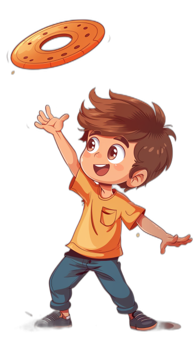 A cartoon boy is playing frisbee in a simple chibi style with a black background, brown hair and an orange shirt.