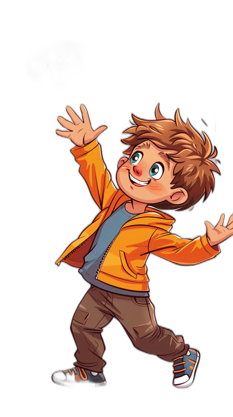 A cute cartoon boy is dancing against a black background in a simple 2D style with bright colors. It is a full body portrait with bright eyes and lively expressions, along with exaggerated movements. He is wearing an orange jacket with a blue T-shirt underneath and brown pants, with sneakers on his feet. The art style is similar to that of a chibi character.