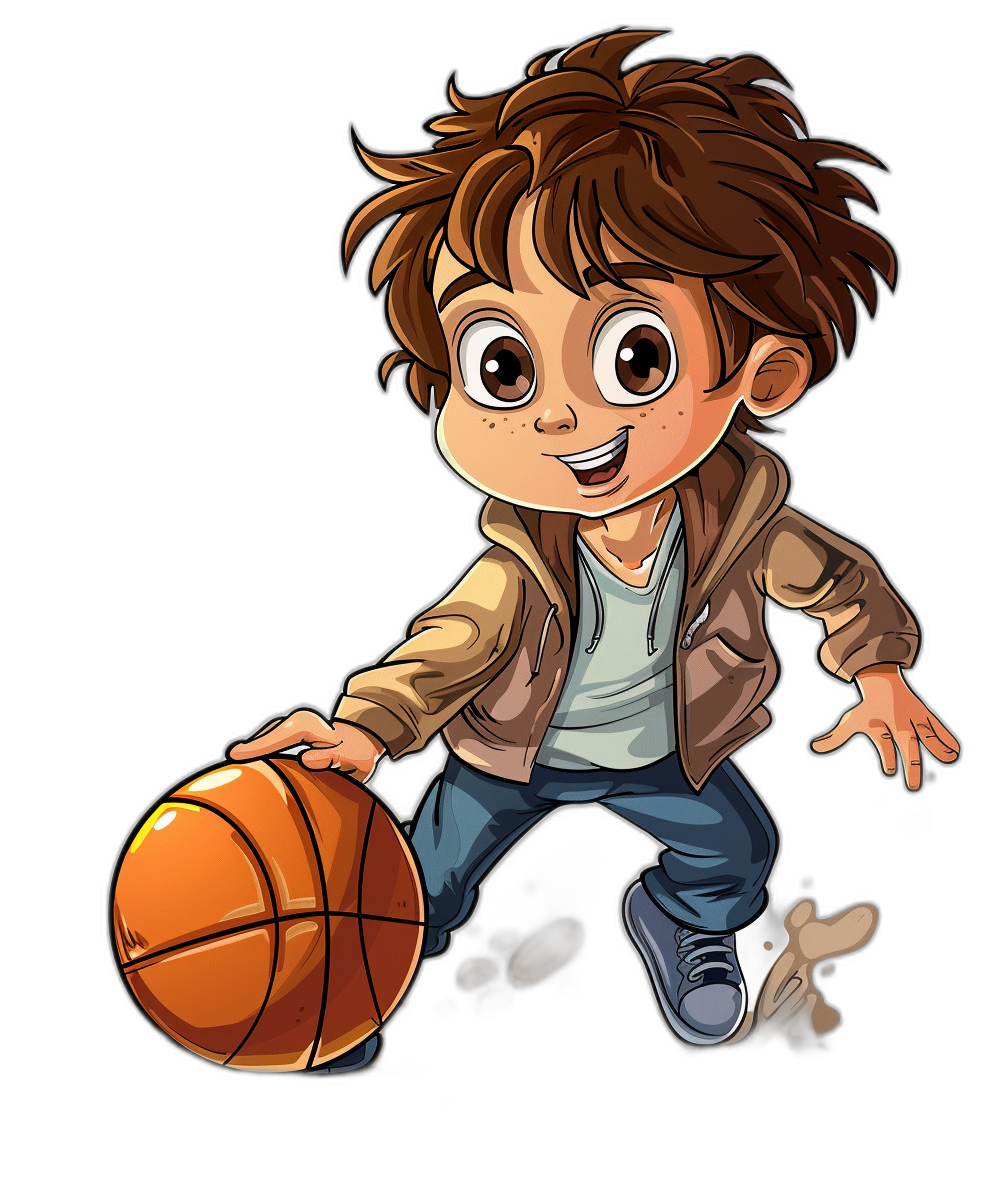 vector cartoon of brown hair boy playing basketball, simple black background, 2d game art style, cute and dreamy, bold colors, high resolution, cartoon character design sheet, 30 years old man in jeans and jacket , vector illustration for t-shirt print, cute 6 year old kid playing basketball with ball on his hand , cartoon disney pixar style, 45 degree angle, cartoonized