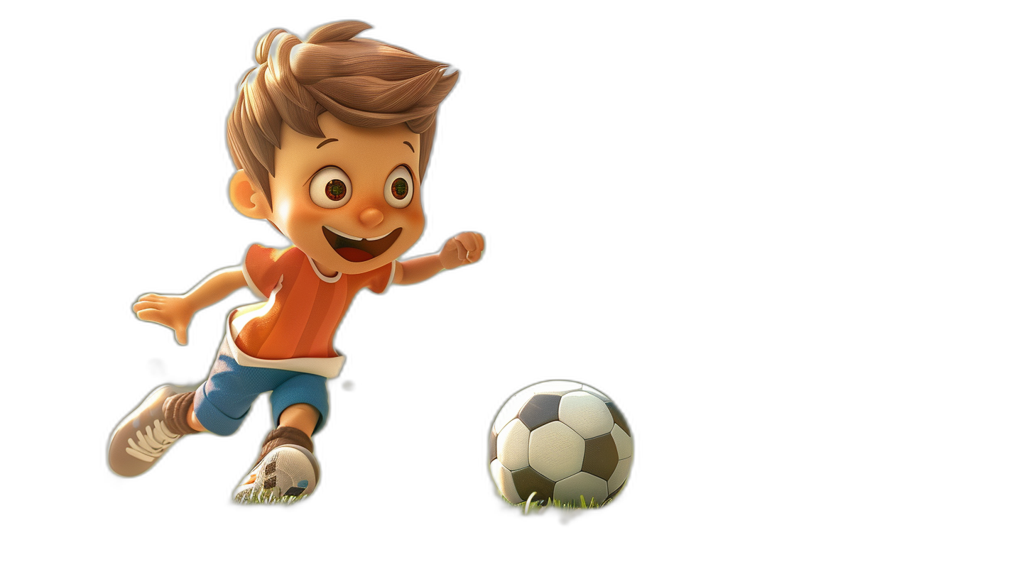 A cute little boy playing soccer in the style of cartoon style on a black background in the 3d render style in the style of Pixar and Disney animation styles.