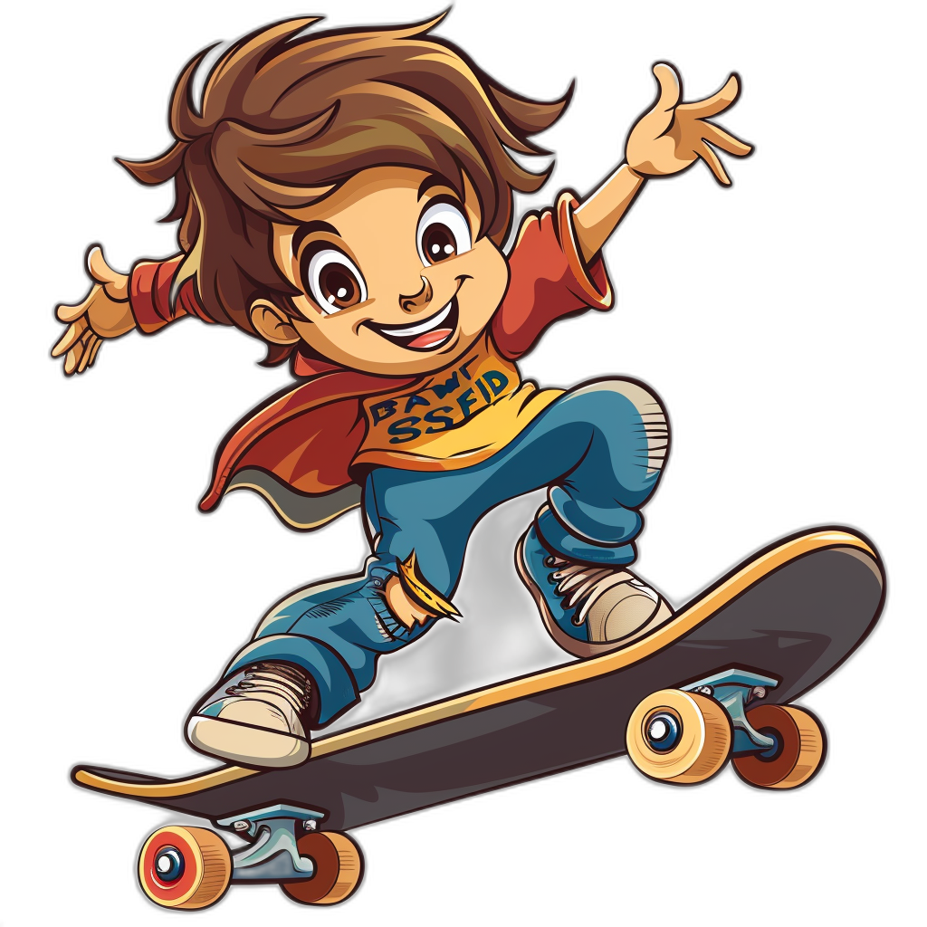 A cartoon-style boy riding on the skateboard, clip art for stickers black background