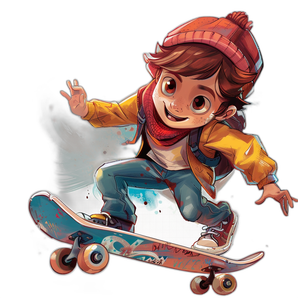 A cute boy riding a skateboard with a happy expression in the style of Disney in a full body shot against a black background in a high resolution 2D art style colorful drawing. He is wearing a red hat and scarf with brown hair and a yellow jacket with white dots and blue jeans in a skateboarding game avatar design style.