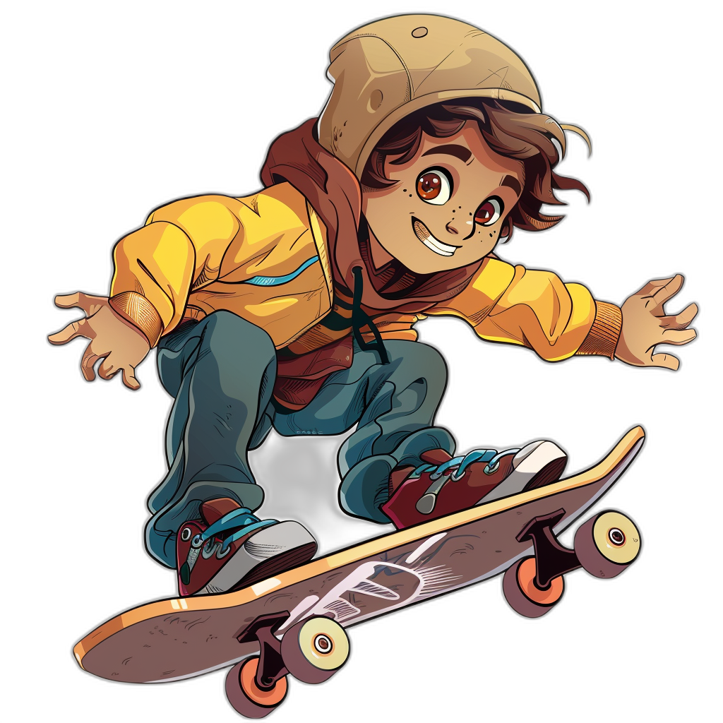 A cartoon boy with brown hair wearing a hoodie doing a skateboard trick in the clip art style against a black background.