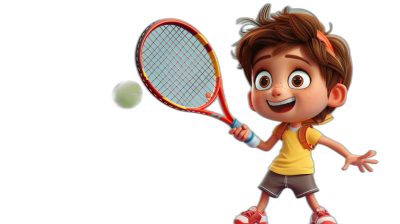 A cute little boy playing tennis in the style of Pixar, in the style of Disney, on a black background, playing with the racket and ball in his hand, smiling happily, with a cartoon character design, a simple animation, bright colors, lively movements, high saturation, fashionable . The light is soft on his face, creating a warm atmosphere.