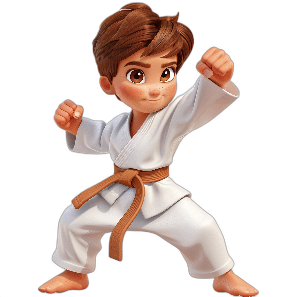 cartoon character of a brown haired boy in a white karate outfit with a belt, full body, black background, in the style of Disney Pixar