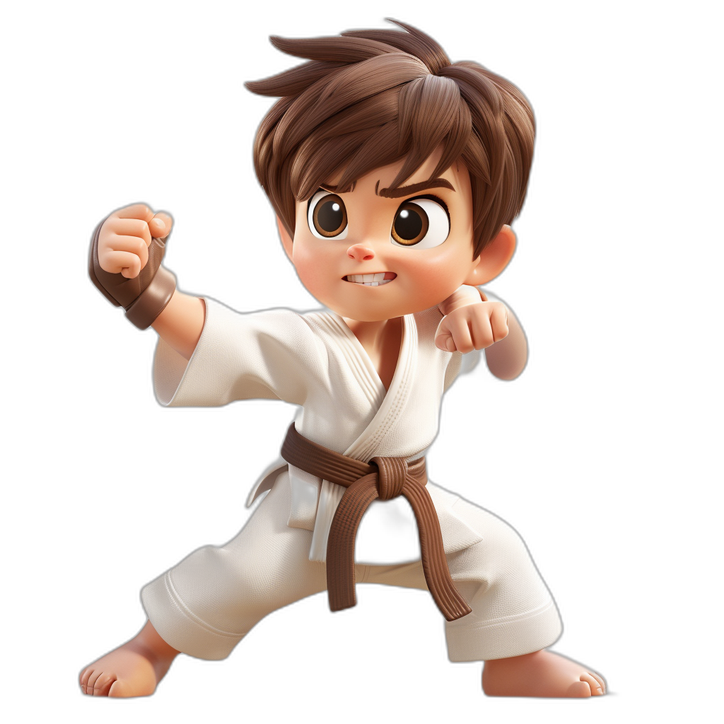 Create an adorable and cute chibi-style character of A boy with brown hair in white karate outfit, striking a fighting pose against a black background. The character should have large expressive eyes that radiates joy while wearing his traditional Gi. He has short hair and is holding the belt on one side. His stance showcases strength as he stands ready for action. Render the scene in high resolution with a focus on capturing intricate details to bring out its charm and cuteness.